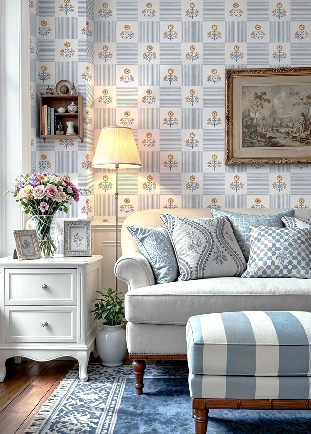 Guvana Blue Floral Peel and Stick Wallpaper Boho Contact Paper Vintage Floral Self-Adhesive Removable Waterproof Wallpaper Renter Friendly 394"×17.3" for Bedroom Livingroom Hallway Cabinets Drawer