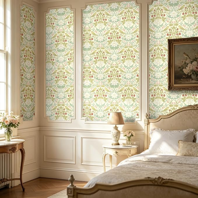 BOKEBEVE Bird Floral Wallpaper Peel Stick Beige Yellow Green 17.5 x 118In | Leaf Wall Paper Symmetry Contact Paper for Accent Walls Bedroom Removable Renter Friendly