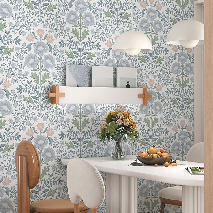 PeonyQueen Floral Peel and Stick Wallpaper 17.3"x393" Boho Contact Paper | Self Adhesive Removable Wall Paper for Bathroom Bedroom Blue and White Wildflower Wallpapers for Walls Home Decorate Vinyl