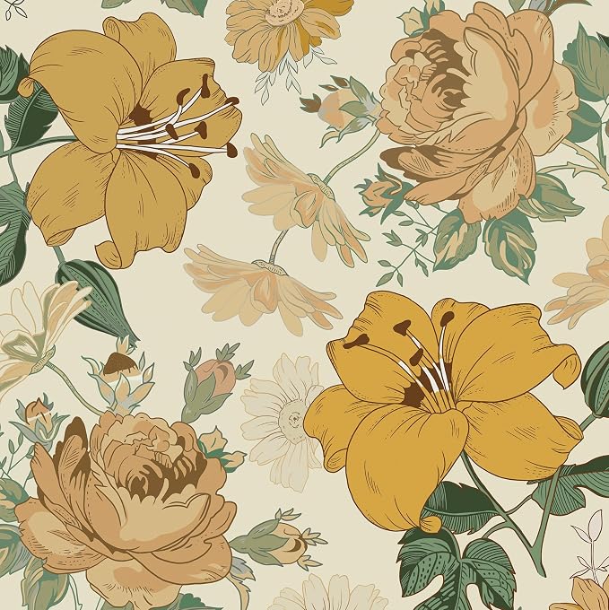Hopepak 16.1'' x 394'' Floral Peel and Stick Wallpaper Modern Flower Contact Paper Self Adhesive Removable Waterproof Wall Paper for Bedroom Cabinets Living Room Home Decoration