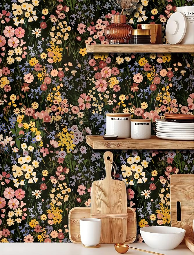 Vintage Floral Peel and Stick Wallpaper for Bedroom,Cabinets 17.3" x 118" | Textured Vinyl Contact Paper Self Adhesive Removable Waterproof Black/Green/Pink Stick on Wall paper for Kitchen Bathroom