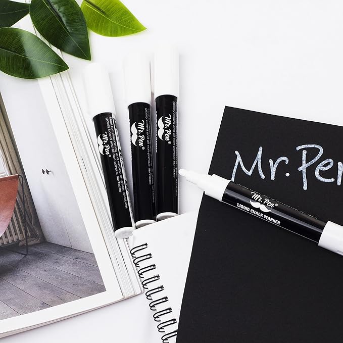 Mr. Pen- Liquid Chalk Marker Pen, 4 Pack, 8x Labels, White Non-Toxic Odorless Chalk Markers, Dual Reversible Chisel & Bullet Tip, Ideal for Non-Porous Chalkboards, Chalkboard Vinyl, Glass & Metal