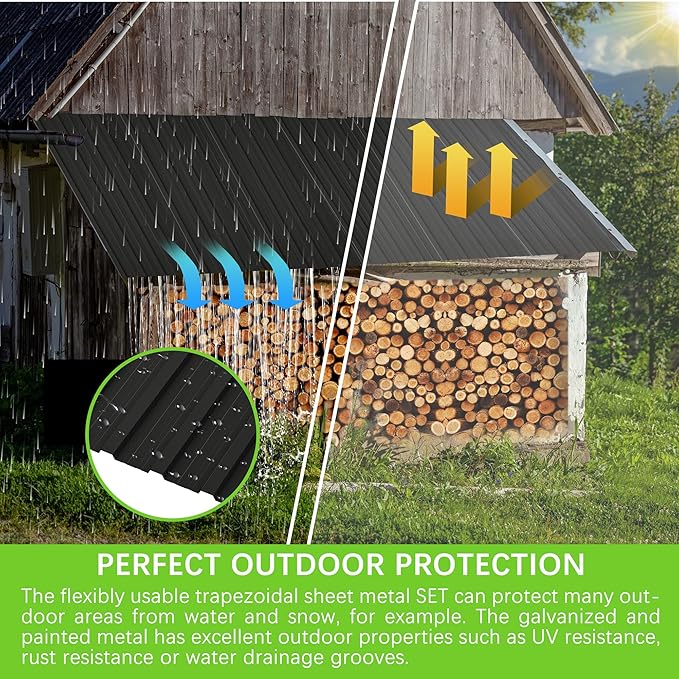 Roof Panels 10 pcs L42.52×W16.77 inch Galvanized Steel, Metal Corrugated Tin Roofing Panels Gazebo Top Cover Heavy Duty Roof Replacement for Patio Outdoor Garden, Black