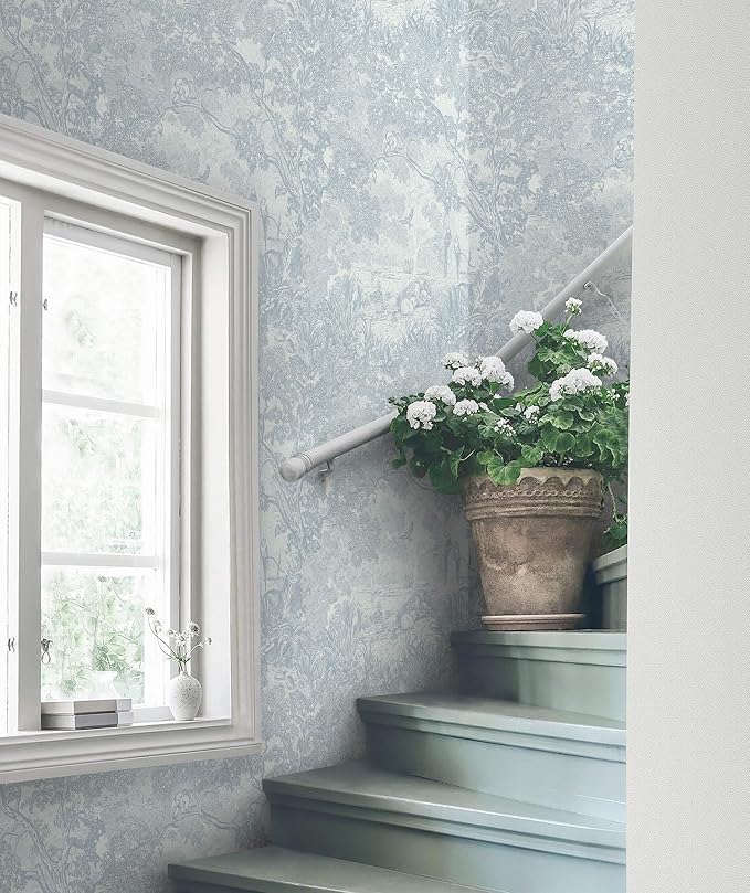 Heroad Peel and Stick Wallpaper Blue and White Vintage Forest Animals Floral Wallpaper Removable Self-Adhesive Contact Paper for Bedroom Living Room Cabinets Decoration Thicken Vinyl 17.3" x 787"