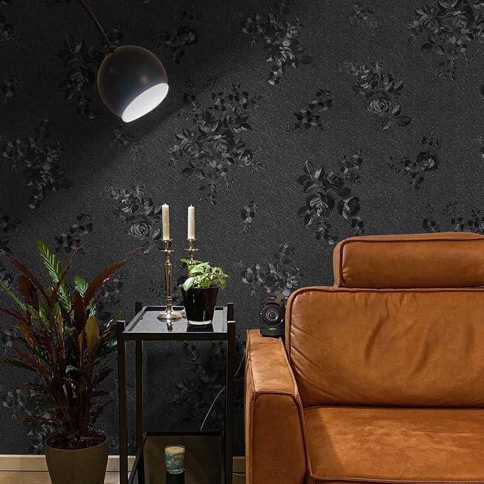 Black Peel and Stick Wallpaper Silk Embossed Floral 197in17.7in | Textured Thicken Self Adhesive,Waterproof Countertop Contact Paper for Cabinets Kitchen,Bedroom Bathroom Decor, Easy Removal