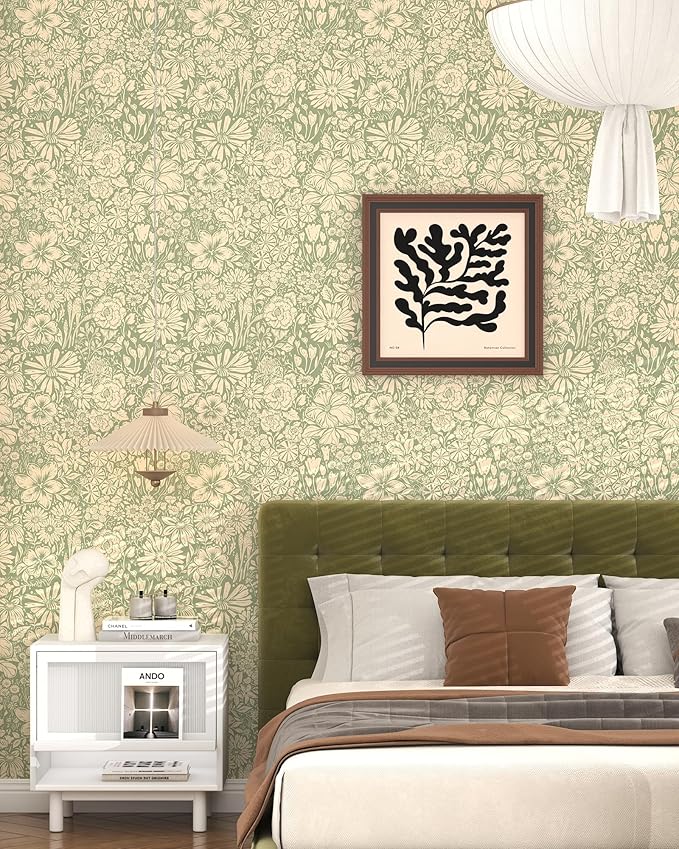 Floral Wallpaper Peel and Stick Wallpaper Boho 17.3''×78.8'' Self Adhesive Wall Paper Green and Beige Contact Paper Removable Modern Wallpapers Decorative for Bedroom Bathroom Cabinets Decor Vinyl