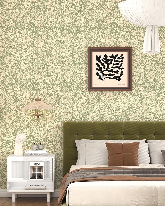 Floral Wallpaper Peel and Stick Wallpaper Boho 17.3''×197'' Self Adhesive Wall Paper Green and Beige Contact Paper Removable Modern Wallpapers Decorative for Bedroom Bathroom Cabinets Decor Vinyl