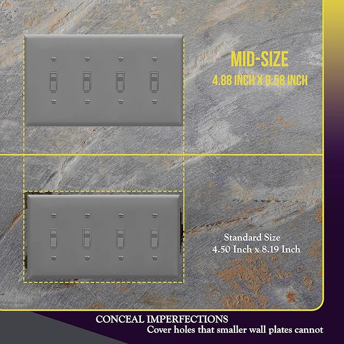 ENERLITES Quad Light Switch Wall Plate, Toggle Switch Plate, Gloss Finish, 4-Gang Mid-Size 4.88" x 8.58", Unbreakable Polycarbonate Thermoplastic, 8814M-GY, Gray