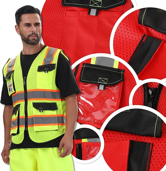 JKSafety Hi Vis Reflective Safety Vests for Men Women High Visibility Vest with Pockets Mesh Fabric Construction Safety Apparel Neon Vest for Work (220-Red M)