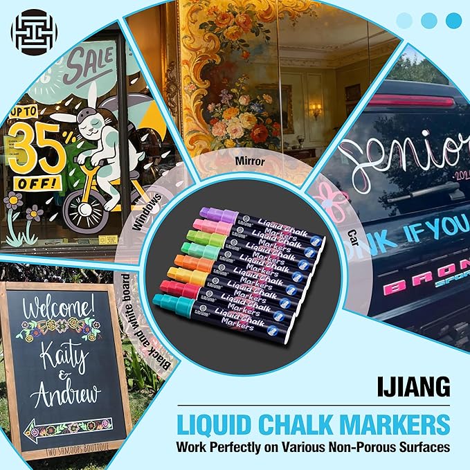 IJIANG Liquid Chalk Markers for Windows, Glass, Mirrors, Cars, Erasable Chalk Markers with 10mm 3-in-1 Tips, Pastel 8 Colors Drawing Chalk Pens For Blackboard, Chalkboard, Calendar, Whiteboard