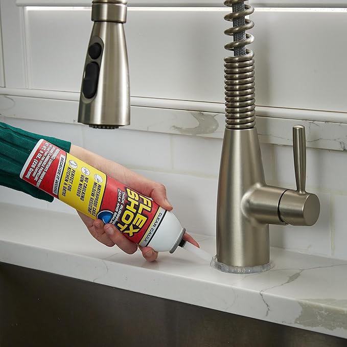 Flex Shot, Flexible Rubber Silicone Sealant, Waterproof Caulk, UV Resistant, No Caulk Gun Needed, Perfect for Kitchen, Bath, Showers, Sinks, Baseboards, Clear, 8oz, 2-Pack