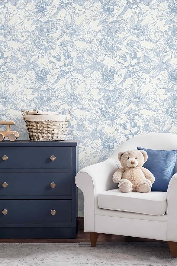 197"x17.3"Art Deco Blue Floral Line Contact Paper for Home Decoration