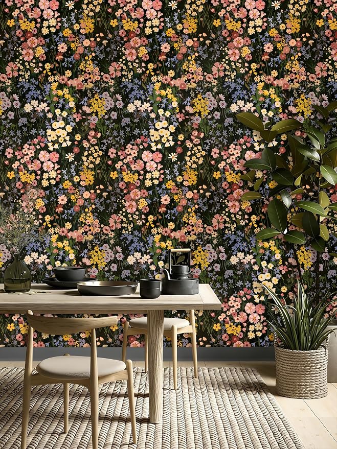 Vintage Floral Peel and Stick Wallpaper for Bedroom,Cabinets 17.3" x 118" | Textured Vinyl Contact Paper Self Adhesive Removable Waterproof Black/Green/Pink Stick on Wall paper for Kitchen Bathroom