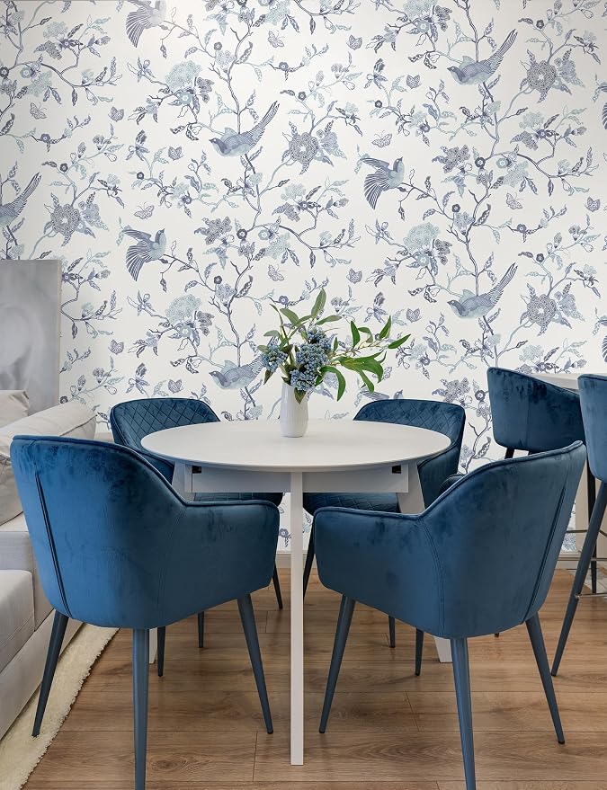 Timeet Peel and Stick Wallpaper Vintage Floral Contact Paper Blue and White Birds Wallpaper Removable Self Adhesive Flower Wall Paper for Bedroom Living Room 16.14"x393.7"