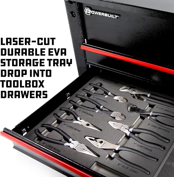 Powerbuilt 8 Piece Master Pliers Set, Long Reach, Diagonal, Slip Joint, Adjustable, Linesman, Groove Joint, End Nippers, Hand Tools Organizer Tray - 949023