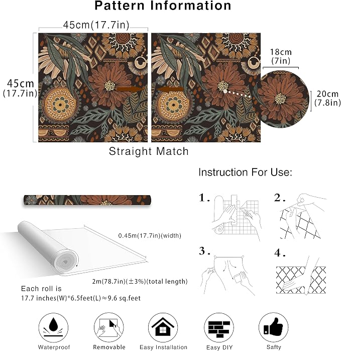 Boho Floral Peel and Stick Wallpaper Vintage Botanical Brown DIY Decor | oho Floral Peel and Stick Wallpaper Vintage Botanical Brown DIY Decor