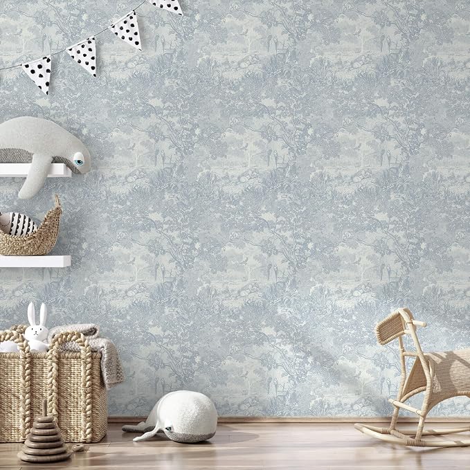 Ismoon Vintage Wallpaper Peel and Stick Blue Neutral Wallpaper 17.3in x6.56ft Forest Animals Contact Paper for Bedroom Thicken Waterproof Self-Adhesive Wall Paper Removable Renter Friendly Vinyl