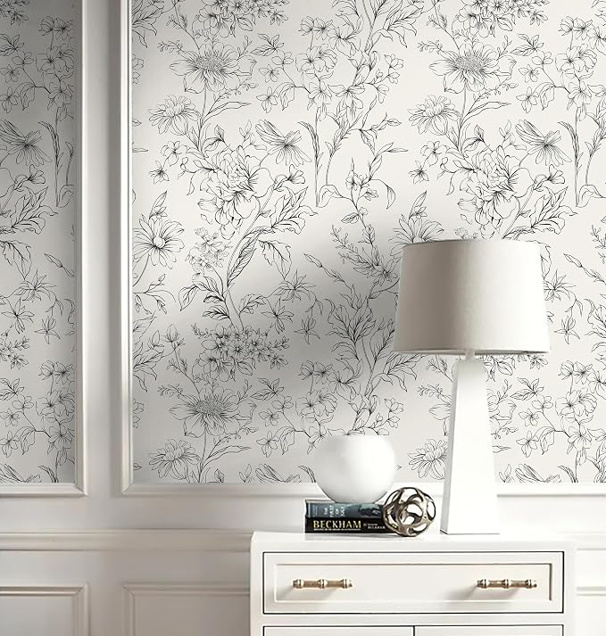 Hopepak 17.3''x394'' Black and Cream White Floral Wallpaper Peel and Stick Wall Paper for Bedroom Self Adhesive Removable Contact Paper Waterproof for Bathroom