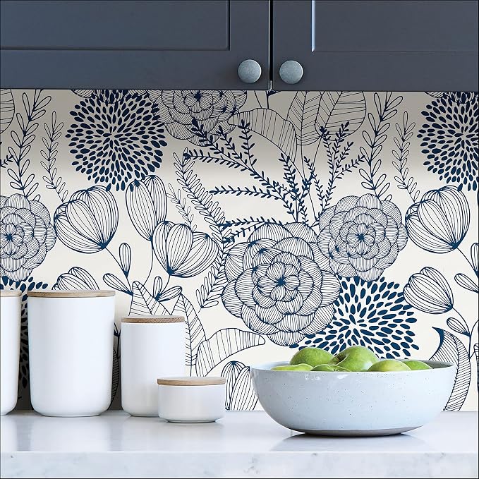 NuWallpaper by WallPops NUS3830 Navy Secret Garden Peel & Stick Wallpaper, Blue
