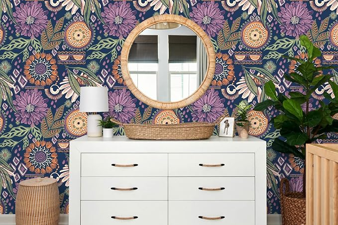 HAOKHOME Renter Friendly Peel and Stick Wallpaper Purple 17.3in x 32.8ft | Removable Self Adhesive Vinyl Navy Terracotta Boho Retro Floral Moody Textured Wall Paper for Bedroom Bathroom Accent Decor