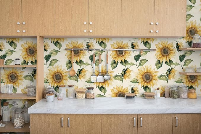 Yasinet Sunflower Peel and Stick Wallpaper Boho Floral Wallpaper Vintage Contact Paper for Bedroom Cabinets Farmhouse Waterproof Removable Self-Adhesive Wall Paper for Wall Vinyl 17.3''× 196.8''