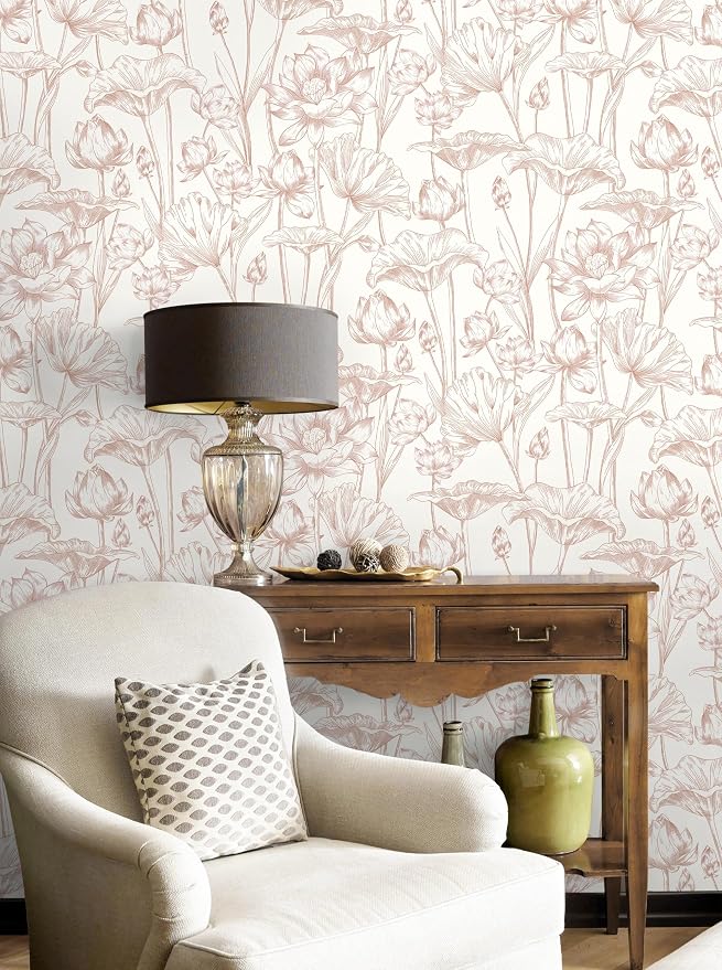 Timeet Floral Peel and Stick Wallpaper White and Pink Vintage Contact Paper 16" x 197" Lotus Self Adhesive Removable Wallpaper for Bedroom Bathroom Waterproof Decoration