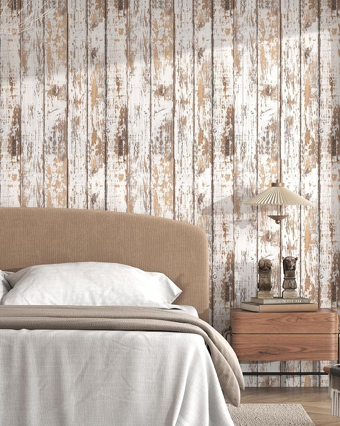 White and Brown Wood Wallpaper Vintage 17.3"x393" Distressed Light Wood Contact Paper Peel and Stick Wallpaper Self Adhesive Removable Wall Paper Shiplap Wood Grain Contact Paper for Cabinets Vinyl