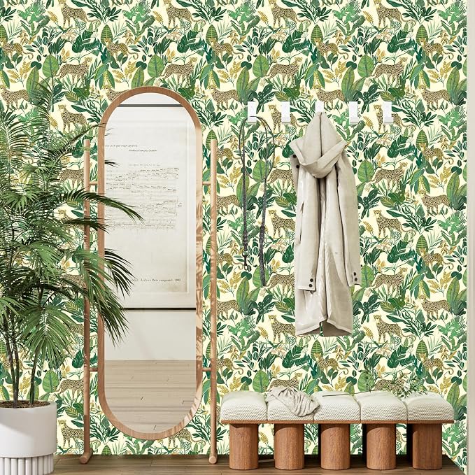 Yellow Vintage Leopard Peel and Stick Wallpaper 17.5" x 118" | Waterproof Vinyl Self Adhesive Removable Renter Friendly Floral Contact Paper