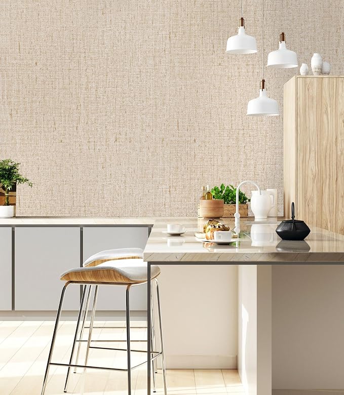 Beige Grasscloth Peel and Stick Wallpaper Textured 15.7in x 393.7in | Faux Linen Wallpaper Peel and Stick Vintage Grasscloth Contact Paper Self Adhesive Removable Contact Paper for Bedroom Vinyl