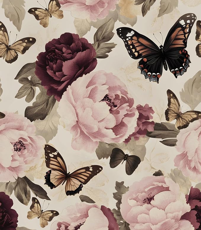 Beige Pink Butterfly Floral Peel and Stick Wallpaper 17.5"x393" | Self Adhesive/Removable/Waterproof/Thick Vinyl Vintage Contact Paper for Bathroom Bedroom Shelf Cabinet Drawer,Prepasted