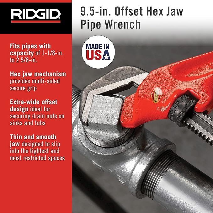 RIDGID 31305 Model E-110 9.5" Offset Hex Jaw Pipe Wrench, Red, Made in The USA