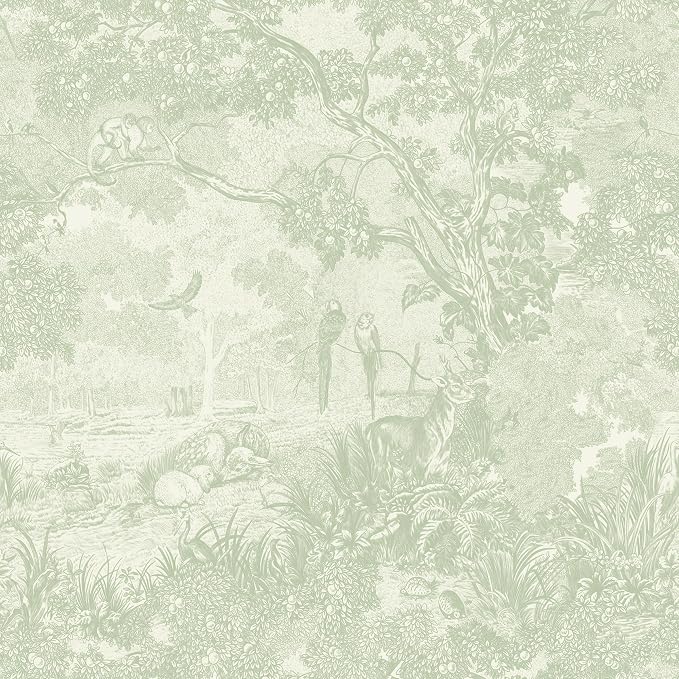 Peel and Stick Wallpaper Green Vintage Forest Animals Floral Wallpaper Removable Self-Adhesive Contact Paper for Bedroom Living Room Cabinets Decoration Thicken Vinyl 17.3”x78.7”