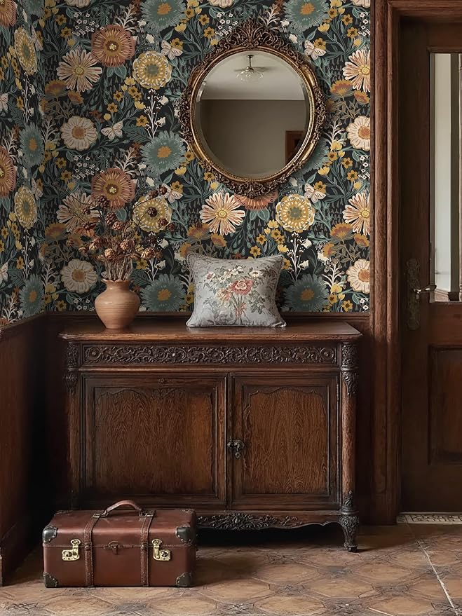Dimoon Boho Retro Wallpaper Peel and Stick Wallpaper Vintage Floral Contact Paper 17.3''x197'' Dark Black Bohemian Removable Wall Paper Renter Friendly Waterproof Wall Mural Bedroom Bathroom Vinyl