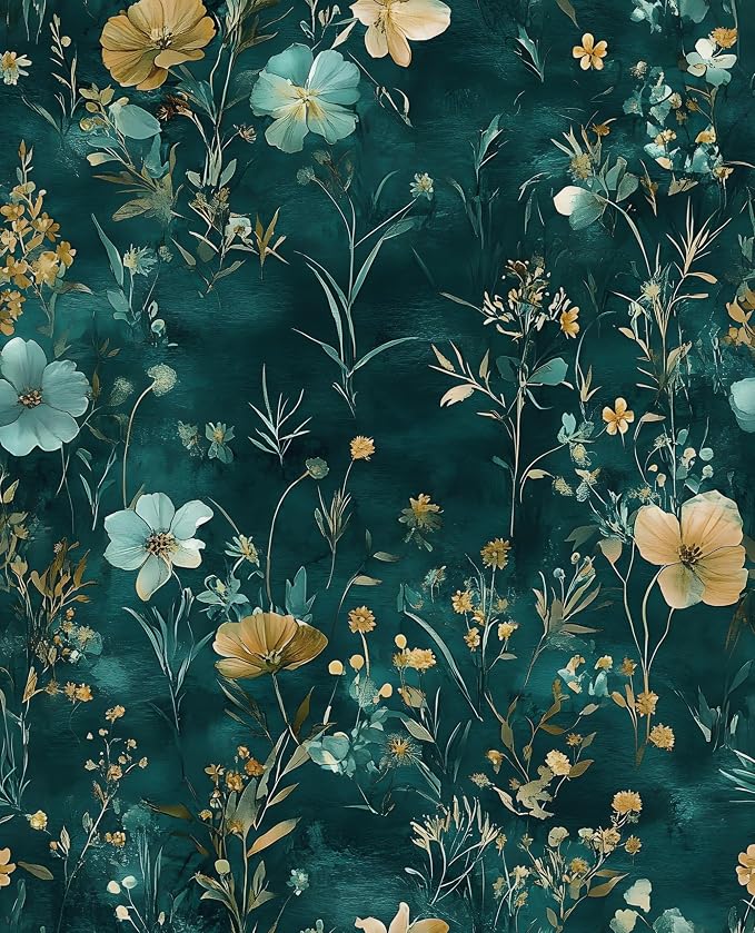 Floral Leaf Vintage Wallpaper Peel and Stick 17.5" x 118", Teal Gold | Self Adhesive/Removable/Waterproof/Thick Vinyl Contact Paper for Bathroom Bedroom Shelf Cabinet Drawer,Prepasted,Easy Peel
