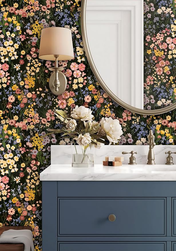 Vintage Floral Peel and Stick Wallpaper for Bedroom,Cabinets 17.3" x 118" | Textured Vinyl Contact Paper Self Adhesive Removable Waterproof Black/Green/Pink Stick on Wall paper for Kitchen Bathroom
