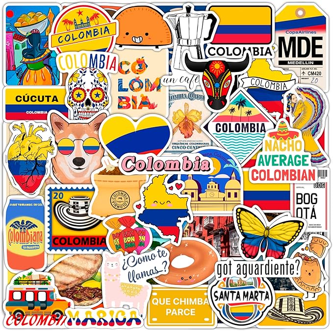 BulbaCraft 100Pcs Colombia Stickers for Water Bottle and Laptop - Colombian Party Supplies & Decorations, Waterproof Vinyl Decals, Colombia Flag Decals, Gifts for Women & Men