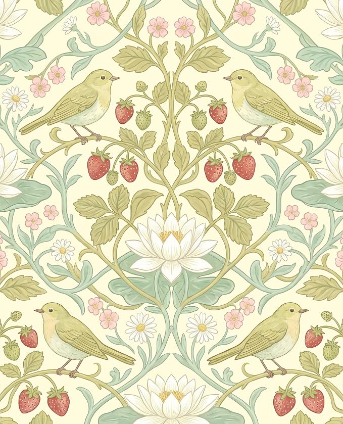BOKEBEVE Bird Floral Wallpaper Peel Stick Beige Yellow Green 17.5 x 118In | Leaf Wall Paper Symmetry Contact Paper for Accent Walls Bedroom Removable Renter Friendly