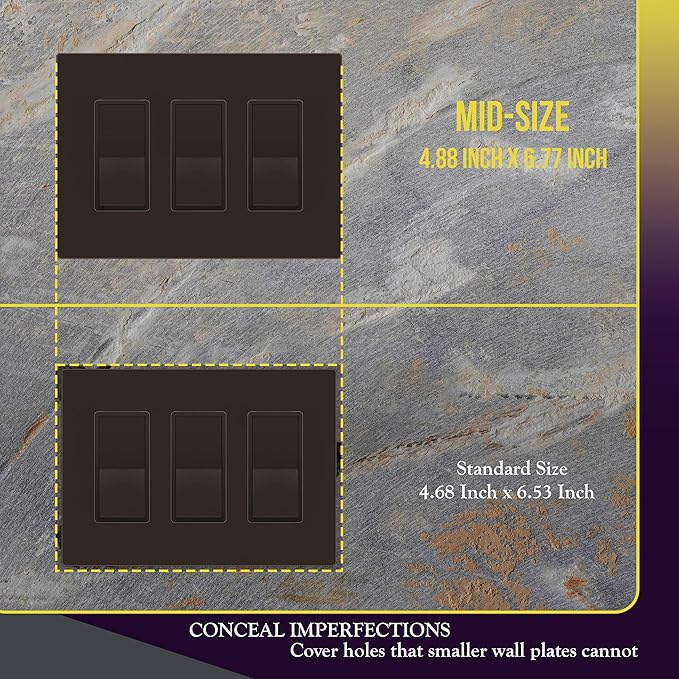 ENERLITES Screwless Decorator Wall Plates Child Safe Outlet Covers, Gloss Finish, Medium Size 3-Gang 4.88" H x 6.77" L, Unbreakable Polycarbonate Thermoplastic, SI8833M-BR, Brown