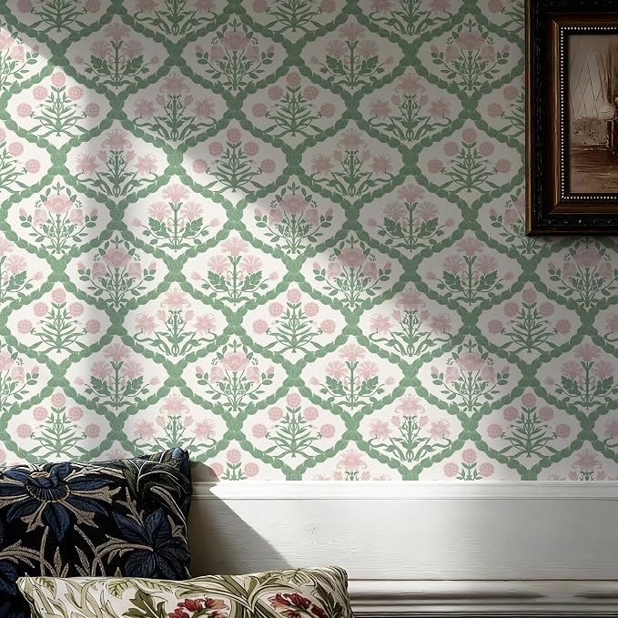 Pink Floral Peel and Stick Wallpaper Vintage Wall Paper Boho Pink Floral Damask Wallpaper for Bedroom Decorative Self Adhesive Shelf Drawer Liner 17.3" x 78.7"