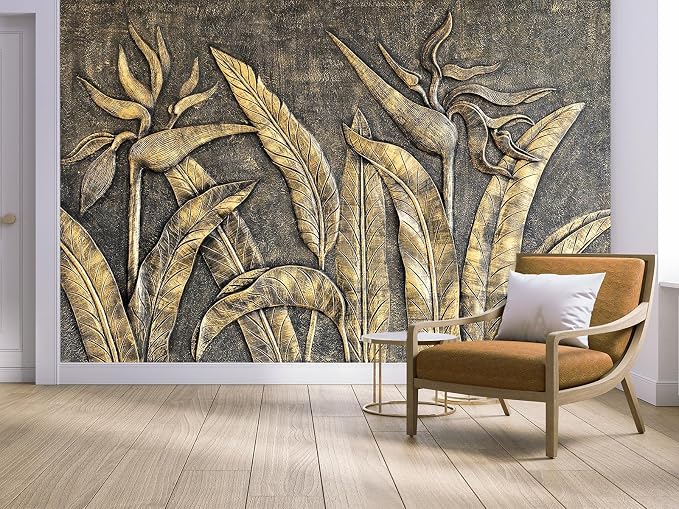 Cliouar-Golden Bird of Paradise Sculpture 3D Three-Dimensional Wallpaper Mural 158" x 110" (Not Peel and Stick)