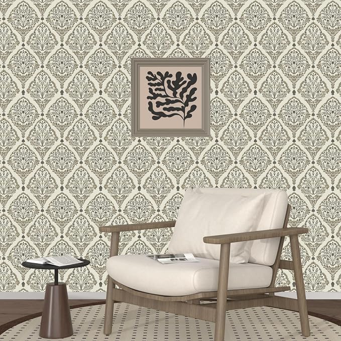 Vintage Khaki Floral Botanical Symmetrical Wallpaper 17.5" x 393" | Self Adhesive/Removable/Waterproof/Thick Vinyl Contact Paper for Bathroom Bedroom Shelf Cabinet Drawer,Prepasted,Easy Peel