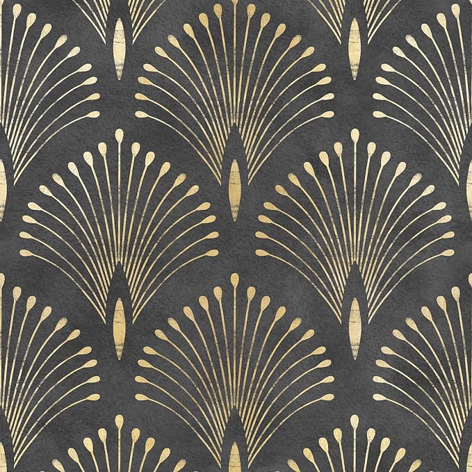 Livelynine Black Gold Art Deco Wallpaper Peel and Stick Dark Peacock Feather Accent Wall Paper Self Adhesive Modern Abstract Luxury Black Metallic Gold Removable Contact Paper Waterproof 17.5x78.8