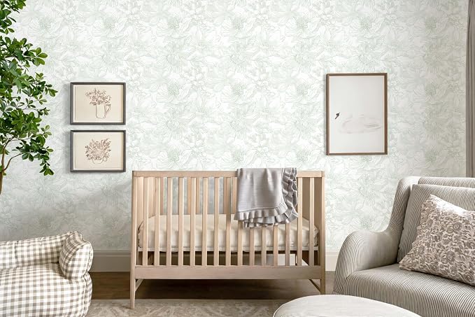 118"x17.3" Peel and Stick Wallpaper Green Floral Contact Paper White Boho Modern Wallpaper Removable Self Adhesive Flower Wall Paper for Kitchen Bathroom Bedroom Cabinets Thicken Vinyl Roll
