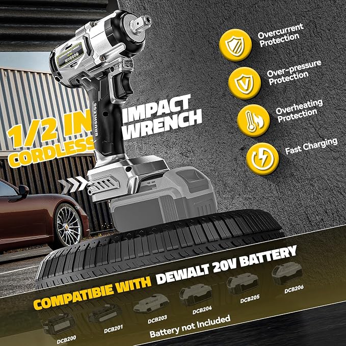 DIYtoolifz Cordless Impact Wrench 1/2" Compatible with Dewalt 20v Battery (Bare Tool), 300 FT-LBS (400 N.m) Brushless Impact Driver, Portable Electric Impact Gun with LED Work Light, 3-Speed Control