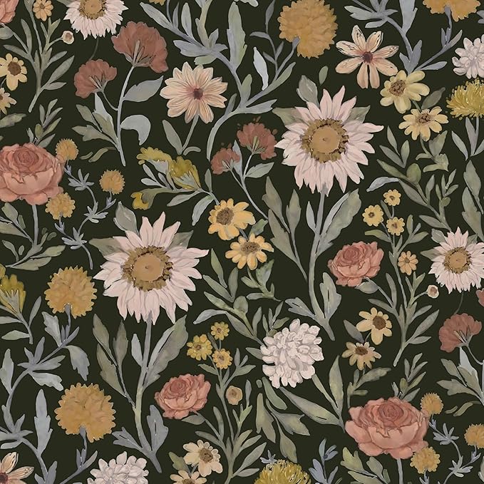 Dimoon Vintage Peel and Stick Wallpaper Boho Dark Floral Contact Paper 17.3''x385'' Retro Rustic Pink Removable Wall Paper Renter Friendly Texture Black Wallpaper for Bedroom Bathroom Cabinets Vinyl
