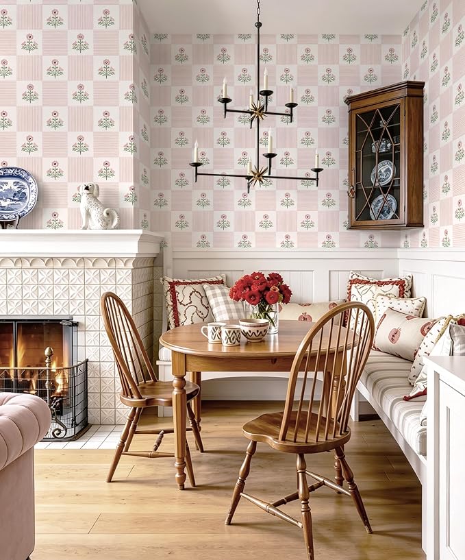 Guvana Pink Floral Peel and Stick Wallpaper Vintage Floral Wallpaper Boho Wall Paper Removable Modern Contact Paper Vinyl Self Adhesive for Bedroom Bathroom Kitchen Livingroom Covering 17.3" x 78.7"