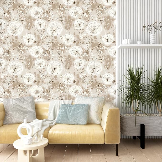 Nukofal Floral Peel and Stick Wallpaper Dandelion Wallpaper Floral Contact Paper 16.9"x196.8" Vintage Brown Wall Paper Peel and Stick Boho Self Adhesive Removable for Cabinet Bedroom Decor Vinyl