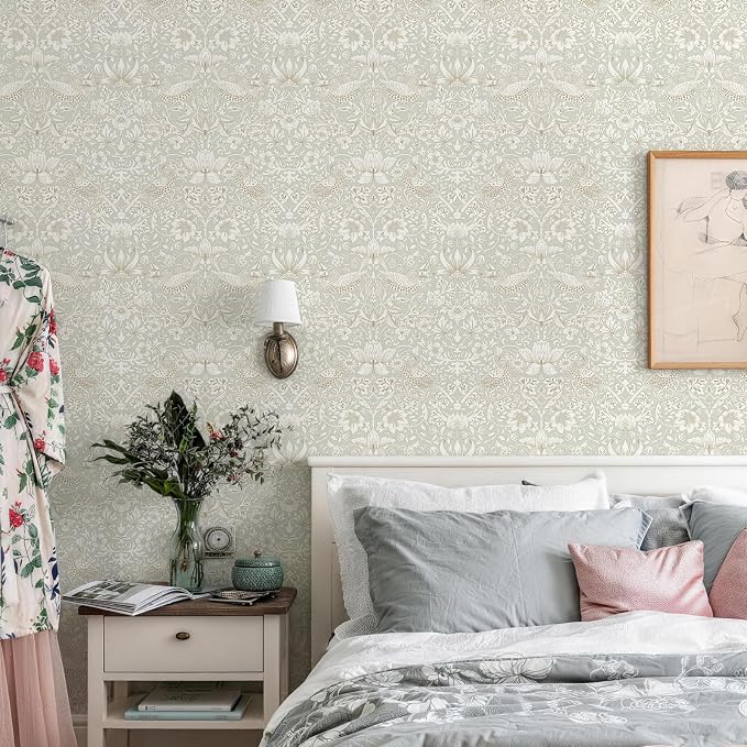 HueBurst William Morris Vintage Peel and Stick Wallpaper 17.7 x 1200in Grey Botanical Self Adhesive Removable Waterproof Contact Paper for Living Room Bedroom Cabinets Drawers Decor