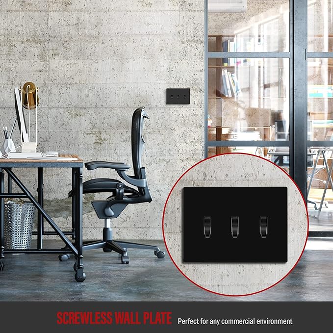 ENERLITES Screwless Triple Toggle Switch Wall Plate, Child Safe Light Switch Cover, Standard Size 3-Gang 4.68" x 6.53", Unbreakable Polycarbonate Thermoplastic, UL Listed, SI8813-BK, Glossy, Black