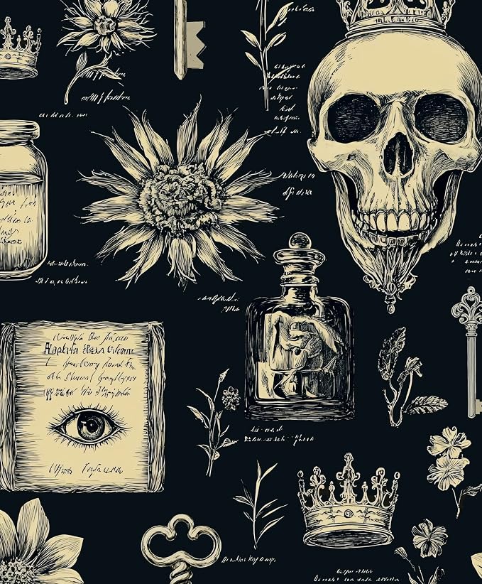 Gothic Black Beige Skull Floral Wallpaper Peel and Stick 17.5"x118" | Self Adhesive/Removable/Waterproof/Thick Vinyl Vintage Contact Paper for Bathroom Bedroom Shelf Cabinet Drawer,Prepasted